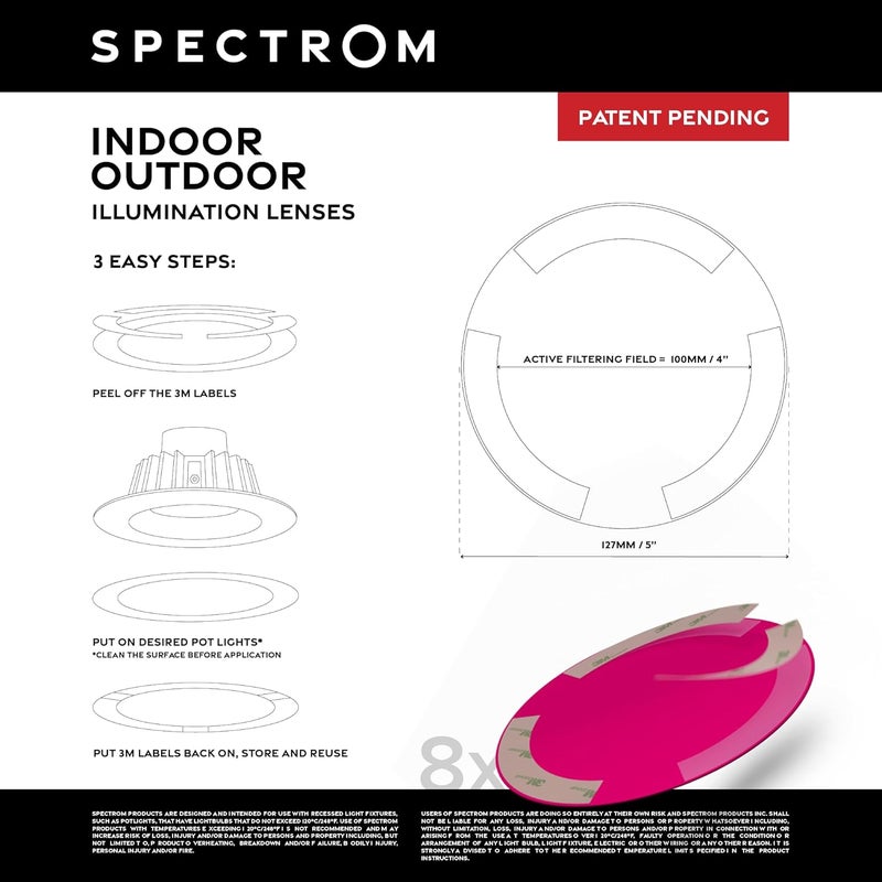 SPECTROM Illumination Lenses for 5" Pot Lights & Recessed Lighting | Instant Colour Change, Tool-Free Setup, Reusable & Eco-Friendly, Any Event, Easy Peel & Press Application (Pink (8pcs)) - Image 4